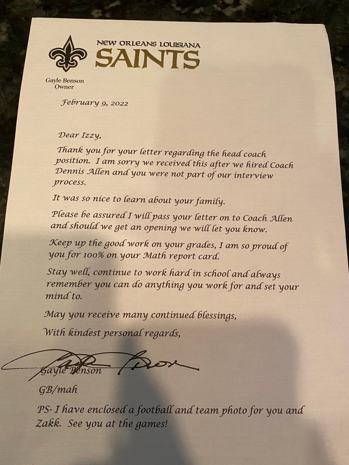Izzy Sherman's letter from the Saints